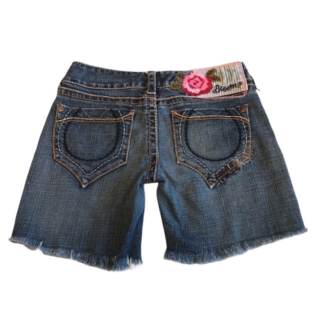 Blue Tattoo Denim Cut-Off Raw Hem Large Flower Brand Patch Shorts Sz 25